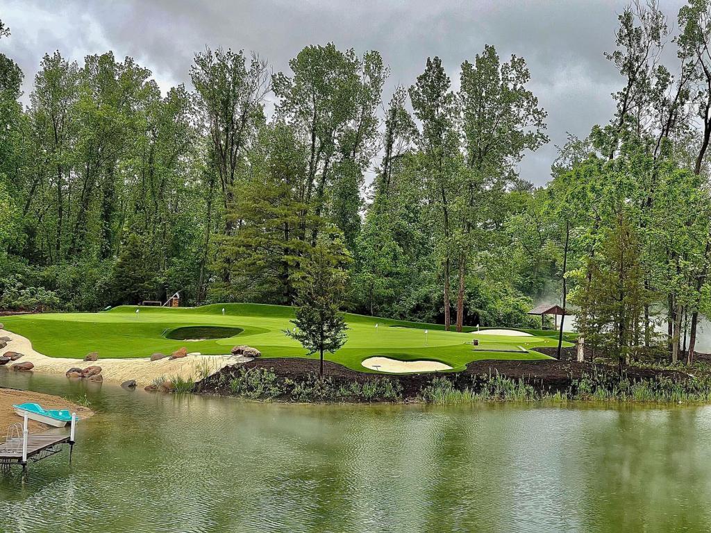 Backyard Golf Paradise: Custom Putting Green with Scenic Water View