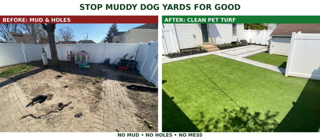 Picture show a dramatic Before and after of a pet turf installation project in Milwaukee, WI. Before has dog holes and mud everywhere and the after shows a beautiful new paver patio, walkway and pet turf lawn installation in Milwaukee, WI.