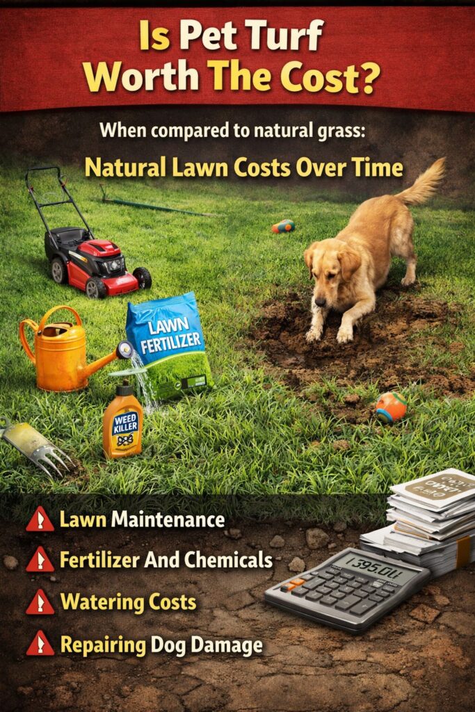 When compared to natural grass: Natural Lawn Costs Over Time Lawn Maintenance Fertilizer And Chemicals Watering Costs Repairing Dog Damage