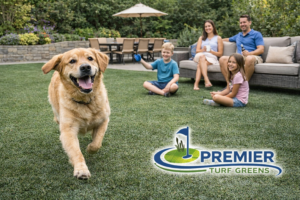 Family fun on vibrant pet turf that doesn't smell as it was installed in Wisconsin  correctly with proper drainage and zeolite infill