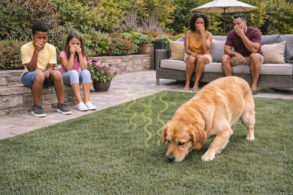 Family unhappy with the smell from pets in their back yard because a company installed it incorrectly without proper zeolite infill.